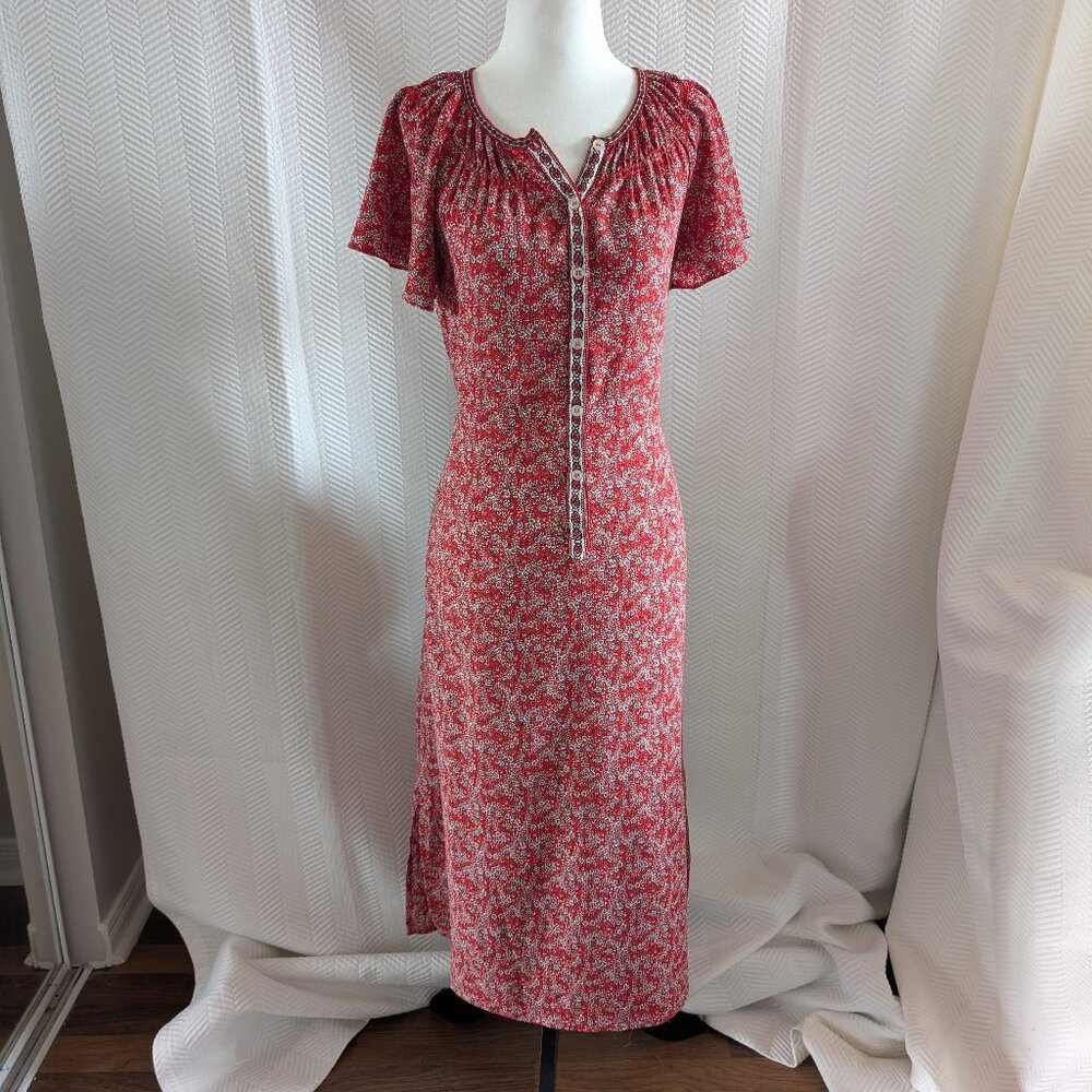 Max Studio Floral Midi Dress Red Tie Waist Side Slits XS/S Cottagecore Feminine